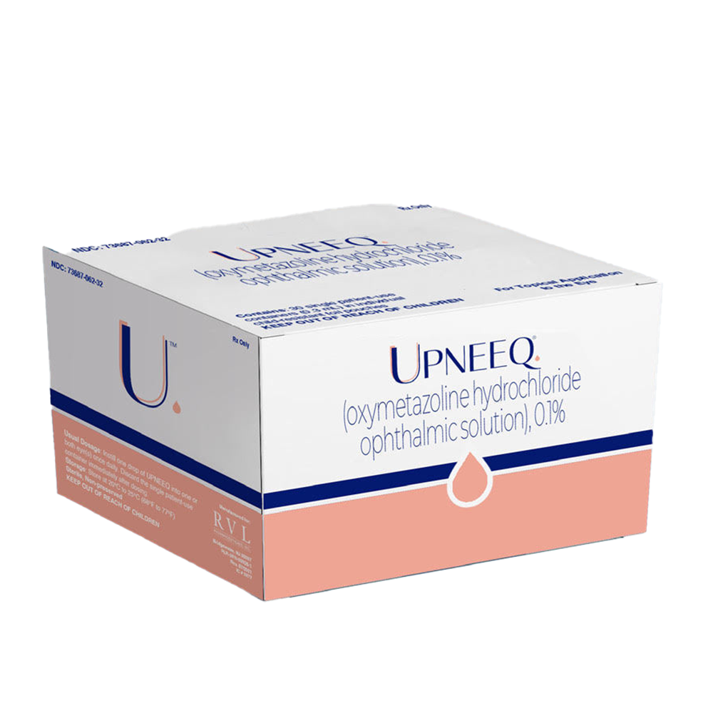 <p>Upneeq® (oxymetazoline hydrochloride ophthalmic solution), 0.1% is the first and only FDA-approved prescription eye drop for adults with low-lying eyelids (also known as acquired blepharoptosis or ptosis). It provides a non-surgical eyelid lift, quickly lifting eyelids for more awake-looking eyes.</p><p>Just one drop per affected eye, once daily, is clinically proven to give visible results — lifted and more open eyelids in as fast as 5 minutes that can last up to 8 hours.<br><br>Comes with 30 days worth, individual prefilled droppers for easy travel - has 4-6 drops in each applicator - only need 1 drop per eye, so 30 days can last 60+ applications!! Must use at least 5 min before you insert contact lenses.</p><p><br></p>